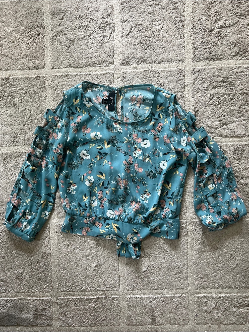 BCX Teal Floral  Tie-Hem Blouse